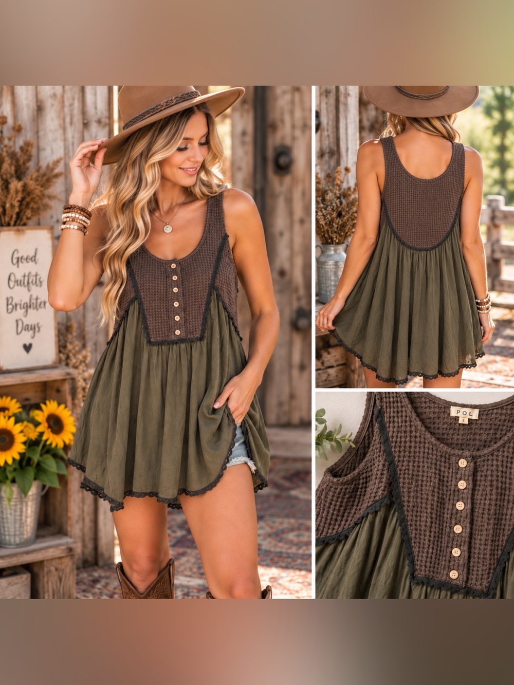 POL Olive & Brown Waffle-Knit Boho Tunic Tank